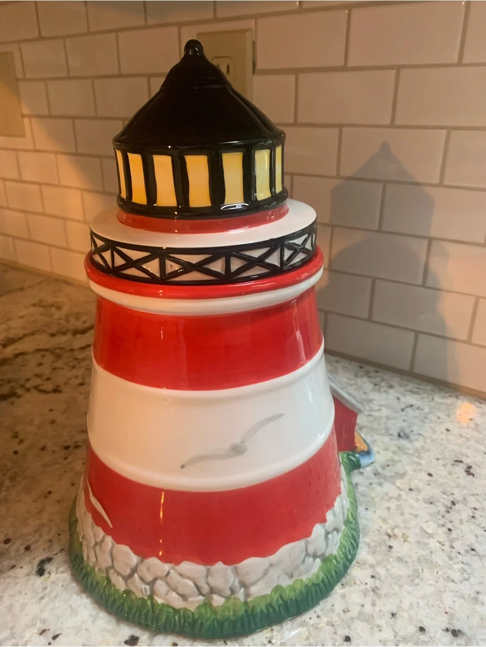 Ceramic Red & White Lighthouse Cookie Jar